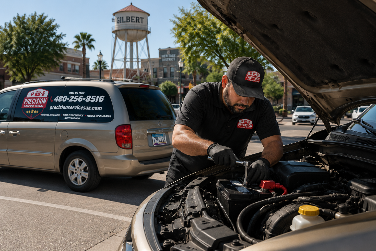 Gilbert mobile battery replacement technician providing mobile battery service near the Gilbert water tower